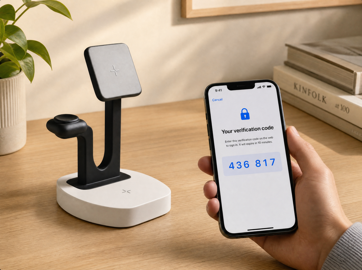 Un chargeur Le Carré et un iPhone affichant un code à 6 chiffres — login sans mot de passe