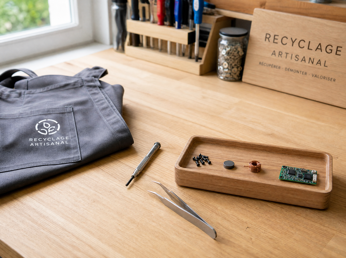 Atelier de recyclage — outils et composants triés.