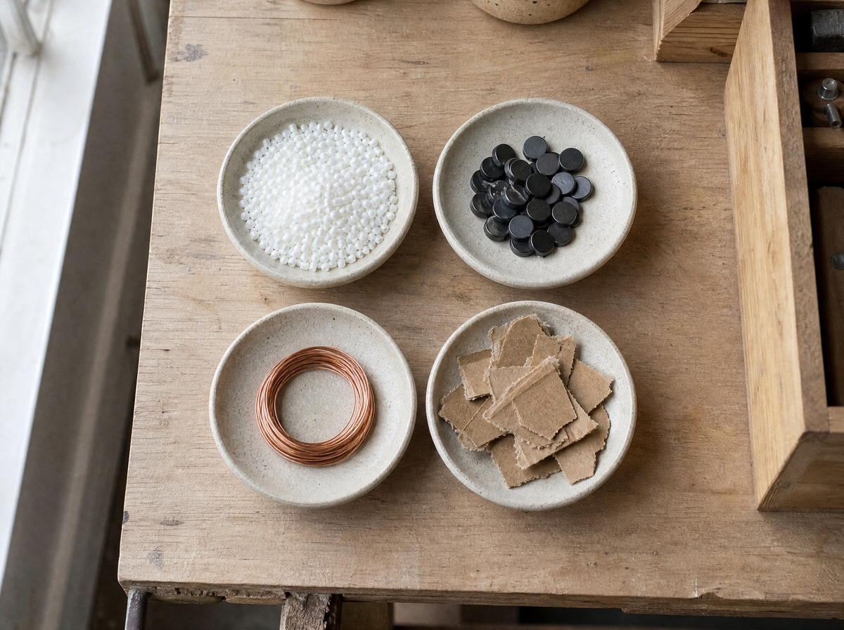 Les quatre matériaux LPC : PLA, aimants néodyme, cuivre, carton kraft