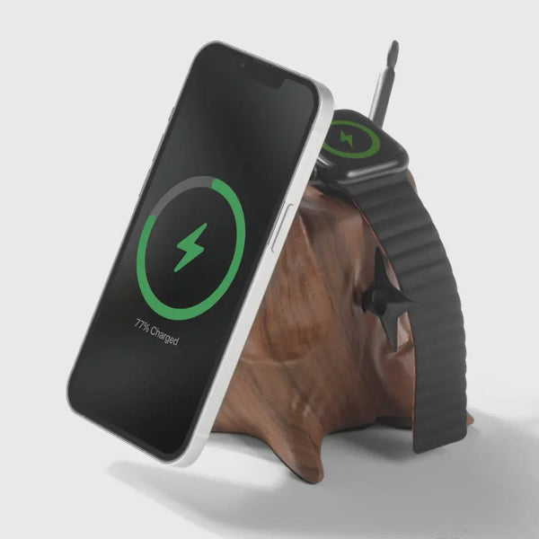 Natural wood wireless charger for phone and smartwatch with LED charging indicator, from Craft Kittiesfr.