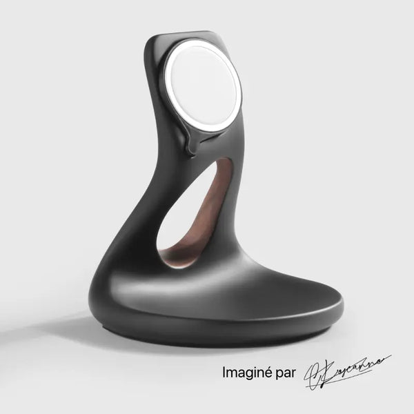 Support BlackTray pour téléphone en noir, avec design moderne et zone de recharge intégrée.