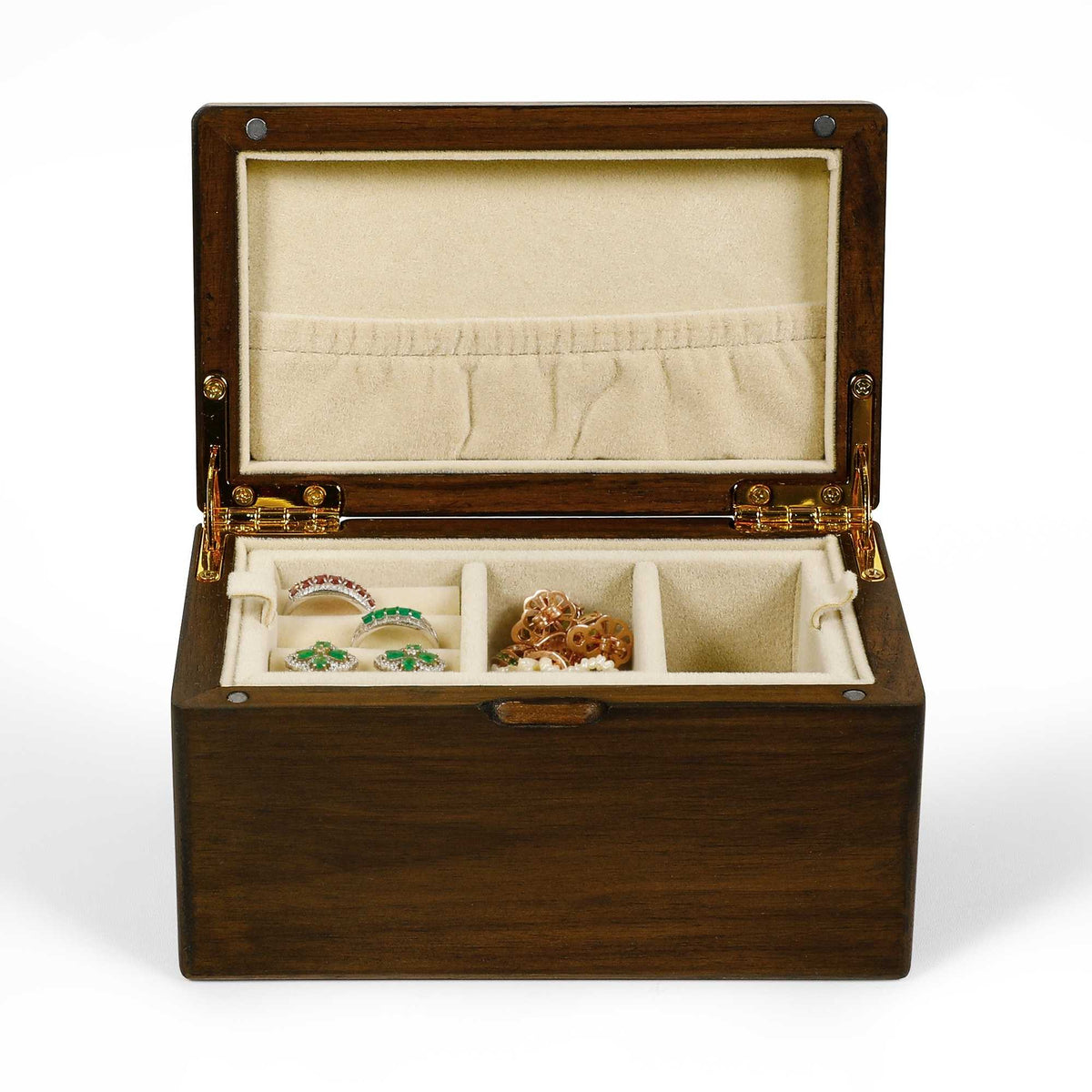 Gravure personnalisée boîte à bijoux en noyer noir américain avec compartiments en velours.