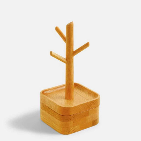 Arbre à bijoux en bois de chêne rouge avec compartiment de rangement, design minimaliste et naturel.