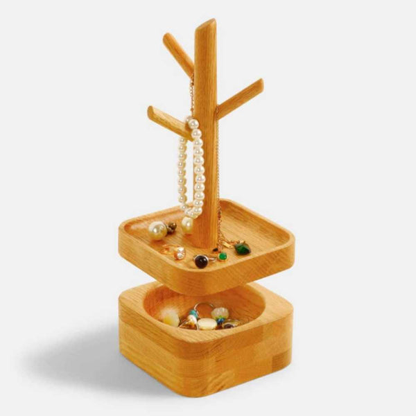 Personalizable red oak jewelry tree with compartments, featuring a minimalist design for organized storage.