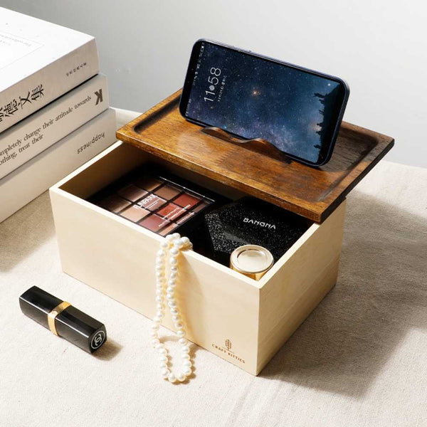 Boîte à mouchoirs en bois massif de chêne noir avec couvercle et espace pour smartphone - Chêne rouge.