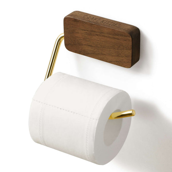 Wooden toilet paper holder in walnut finish with gold metal rod