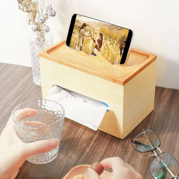 Boîte à mouchoirs en bois massif chêne et noyer avec compartiment pour téléphone, design moderne et élégant.