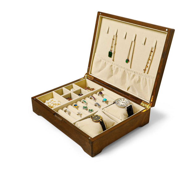 Personalized American black walnut jewelry box with plush compartments for rings and necklaces, 25x20cm.
