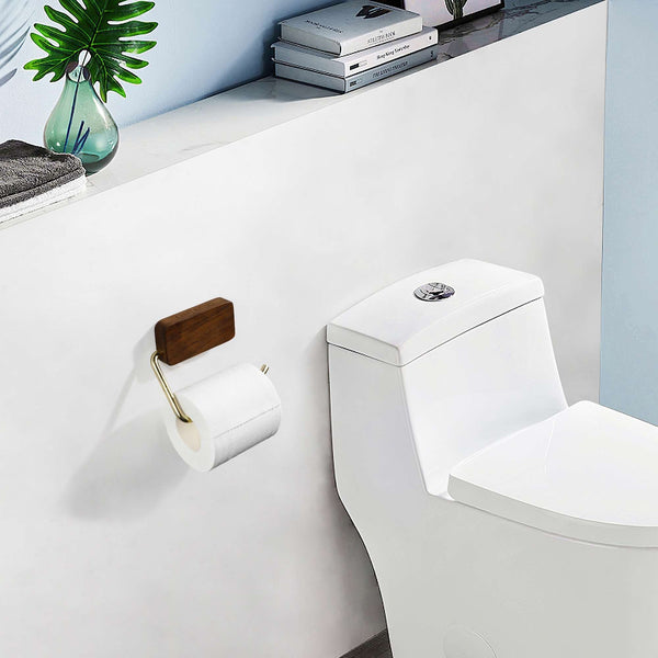 Wooden toilet paper holder in dark walnut, minimalist design, mounted on bathroom wall.