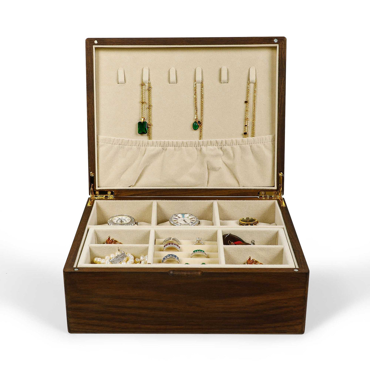 American black walnut jewelry box with personalized engraving, 25x20cm, featuring organized compartments and soft fabric lin