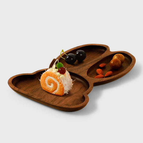 Artisanal wooden rabbit-shaped plate with three compartments, personalized engraving, by Noyer noir.